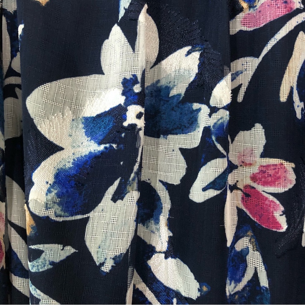 DKNY Floral Long Sheer Sleeve A Line Midi Modest Belted Dress 2 Navy - Picture 7 of 13